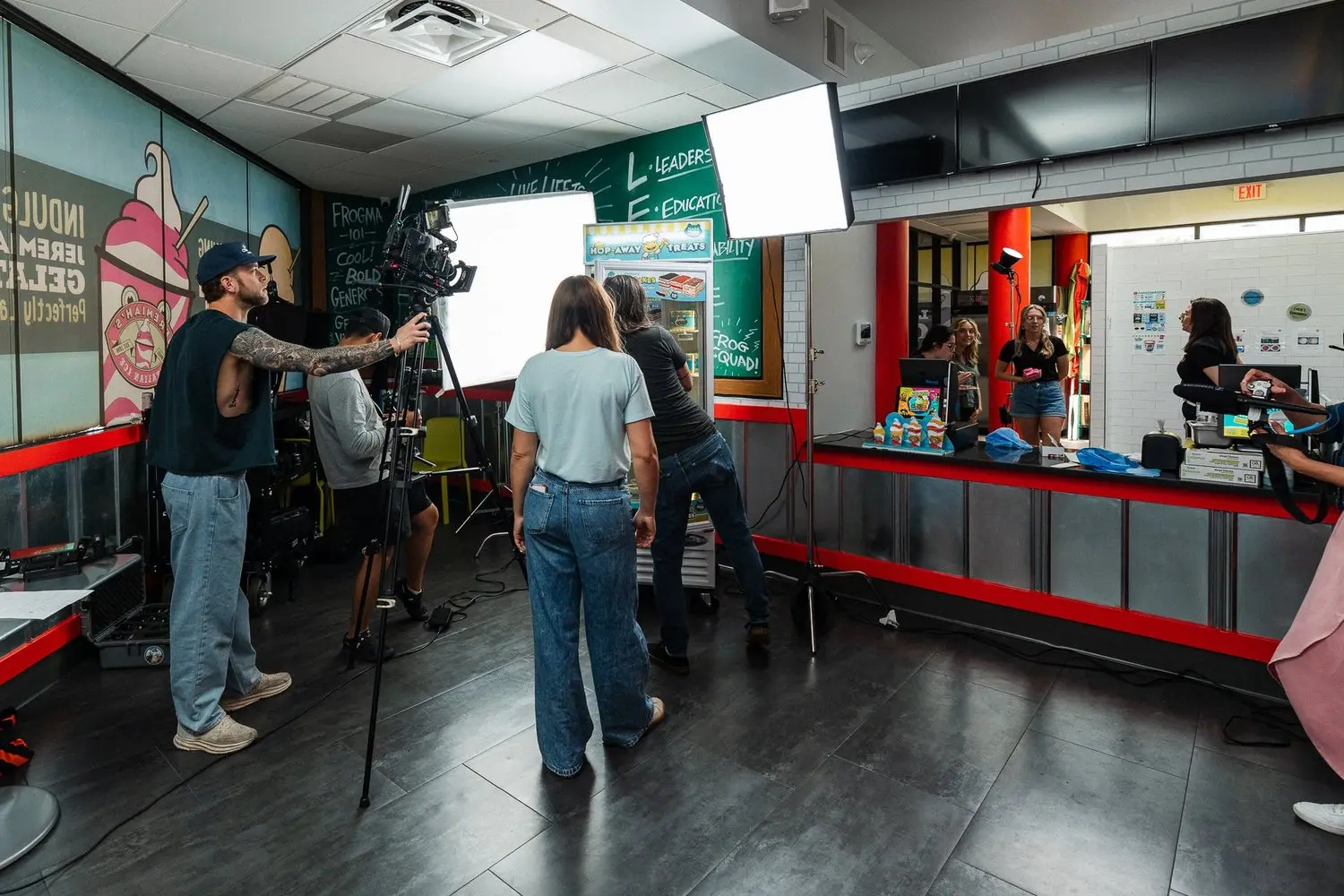 Studio kitchen set behind the frames and lights