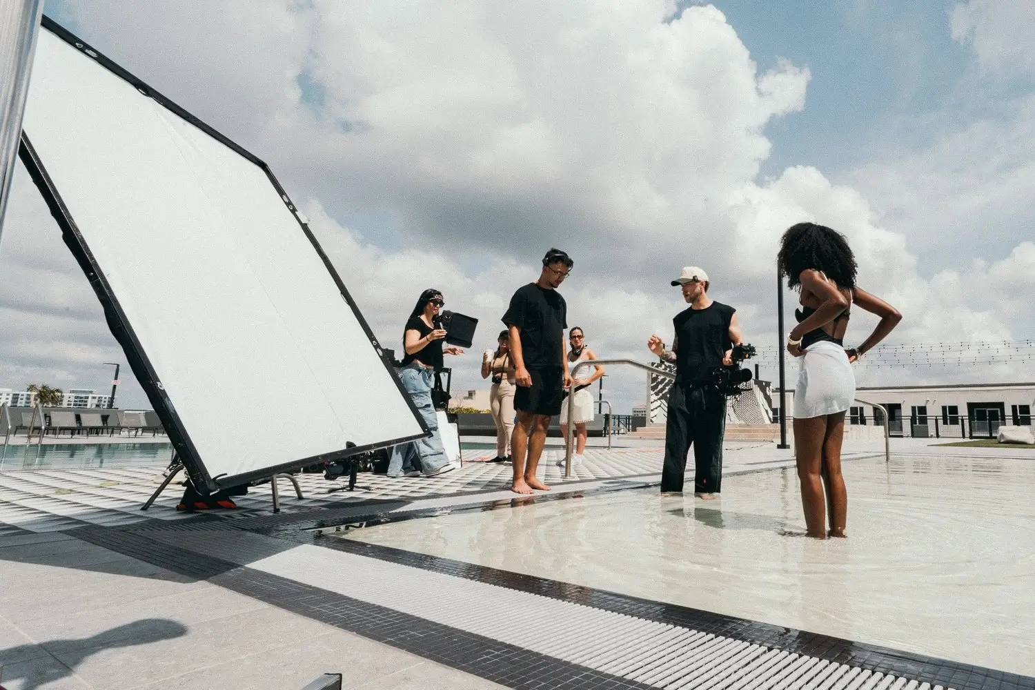 Rooftop pool set with scrims and the full production crew